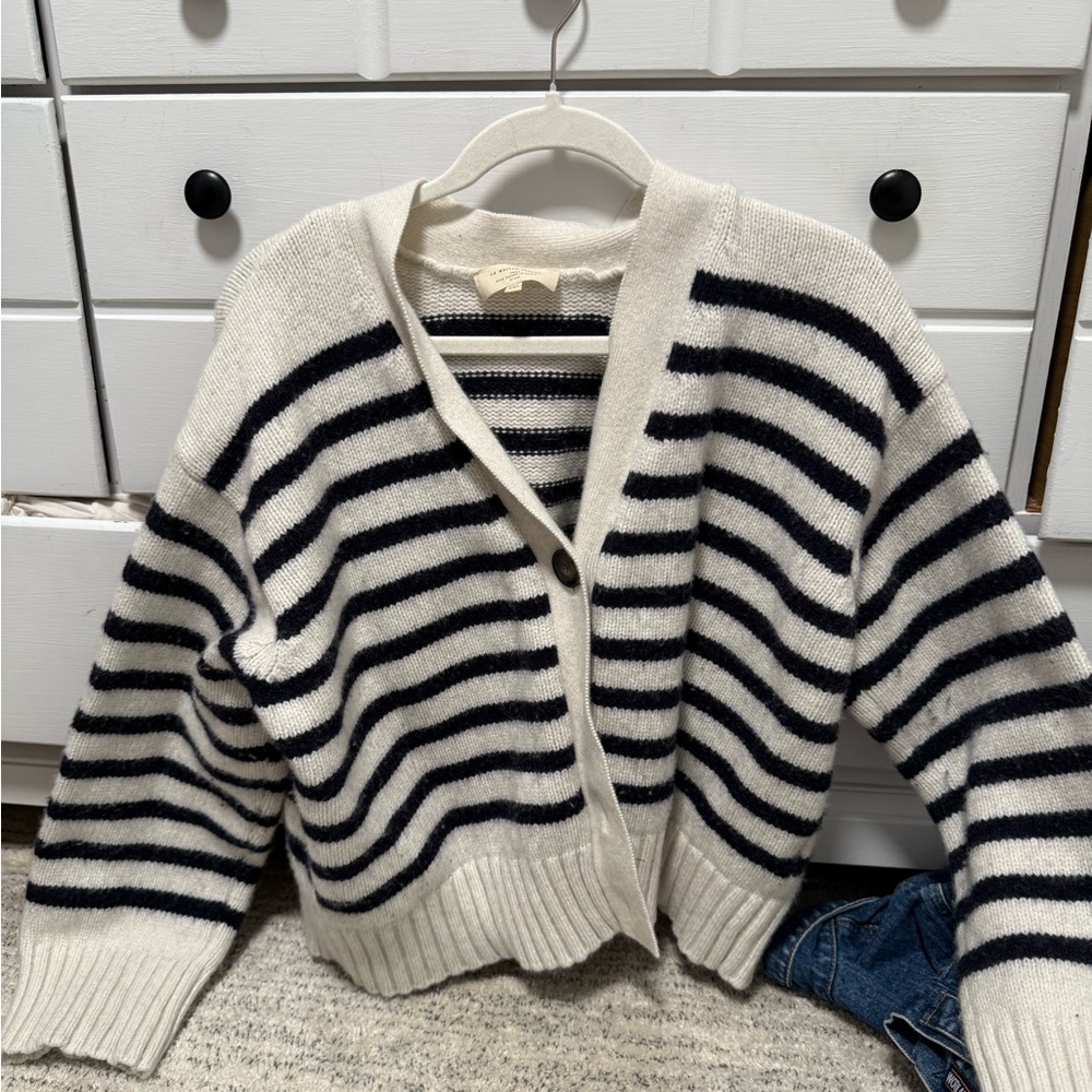 Sezane Striped Navy and Cream Cardigan
